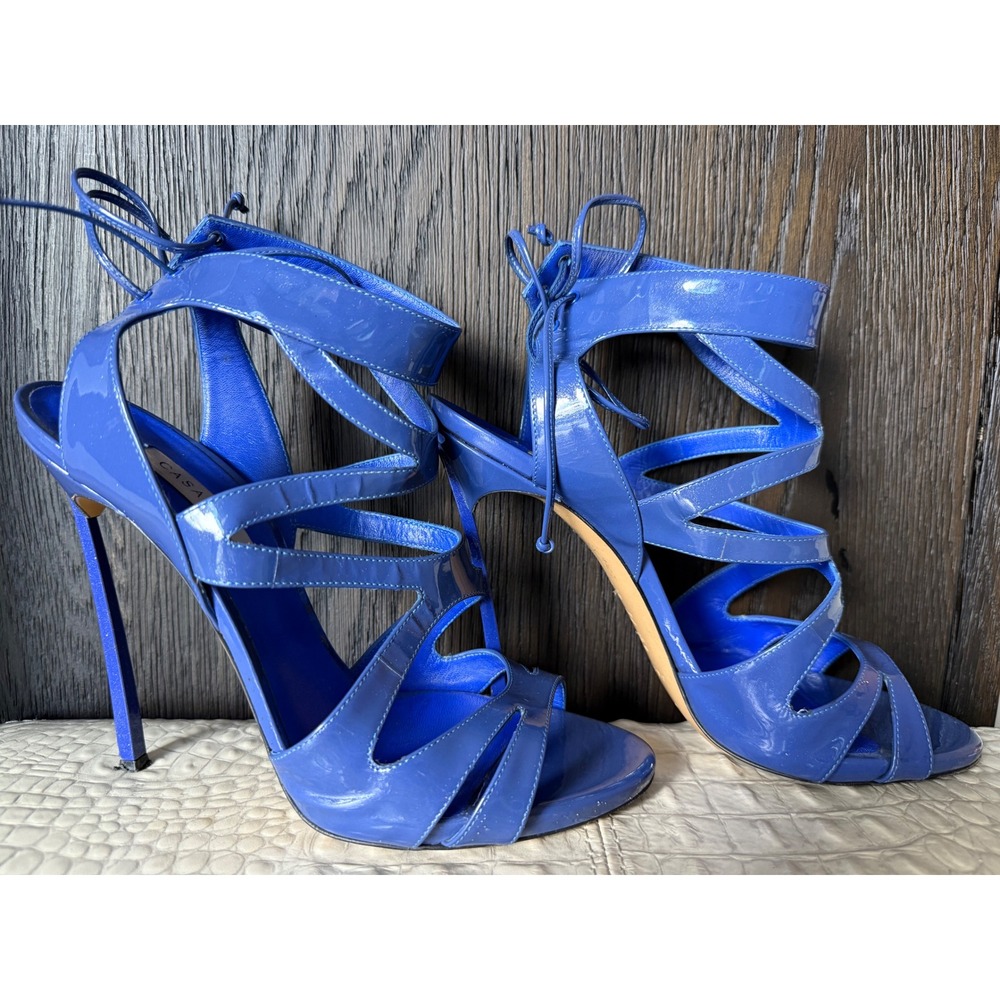 Casadei Women Blue‎ Patent Leather Gladiator Lace Up Stiletto Heels 9.5 B Italy - Picture 3 of 12